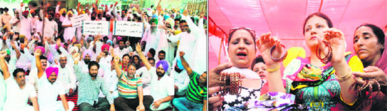 Congress workers hold a protest outside the SSP (Rural) office against the police inaction in a case in which an ASI had allegedly misbehaved with a woman; and (right) women party activists show bangles to policemen in Amritsar on Monday.