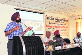 The seminar in progress at Guru Kashi University, Talwandi Sabo, on Monday