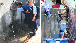 Water overflows in the absence of taps at Pandit Colony, Sector 52; and (right) at Colony No. 4 in Chandigarh on Monday. Tribune photos: Parvesh Chauhan and Manoj Mahajan