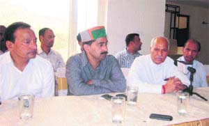 Chander Kumar, former Kangra MP, addresses a press conference in Chamba on Monday