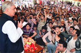PDP patron Mufti Mohammad Sayeed addresses party workers in Srinagar on Monday.