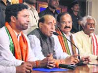 BJP president Rajnath Singh with party leaders G Kishan Reddy, Bandaru Dattatreya and M Venkaiah Naidu at the party office in Hyderabad on Monday