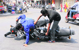 Two motorbikes collided near Sadbhavana chowk in the city on Tuesday.