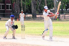 A batsman plays a shot during the Under-14 CCA Cup Cricket Tournament at Government Model Senior Secondary School, Sector 19, Chandigarh, on Tuesday