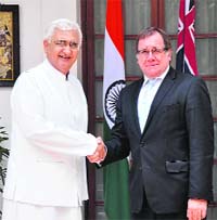 External Affairs Minister Salman Khurshid with his New Zealand counterpart Murray McCully before a meeting in New Delhi on Tuesday. 