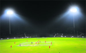 Players in action during the first day and night match at the cricket stadium, Sector 16, Chandigarh, on Wednesday.
