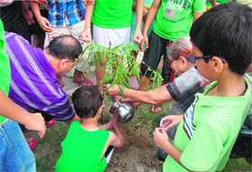 Volunteers of "Kaash" (dial a tree), a voluntary organisation, plant saplings on Wednesday, World Environment Day, in Dehradun.