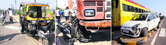 The vehicles that met with accidents on the Jalandhar-Pathankot road at Raowali and Bulandpur villages on Wednesday.