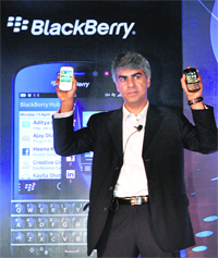BlackBerry India MD Sunil Lalvani at the launch of the BB Q10 smartphone in New Delhi on Thursday. 