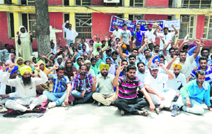 Members of the Rural Veterinary Pharmacists Union stage a dharna outside the Zila Parishad office in Bathinda on Thursday