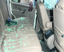 A shattered windowpane of Subhash Nishads car in Panchkula on Thursday.