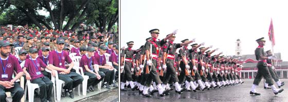 Kashmiri students watch the Commandants parade at the Indian Military Academy in Dehradun on Thursday; and (right) Gentlemen Cadets take part in the parade