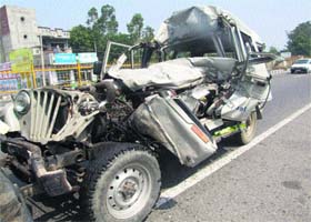 The mangled remains of the jeep that met with an accident on the Jalandhar-Pathankot road on Thursday