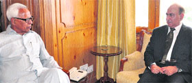 Governor NN Vohra during a meeting with Union Home Secretary-designate Anil Goswami in Srinagar on Thursday.