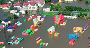 An aerial view shows a flooded container storage facility in Riesa, eastern Germany, on Thursday.