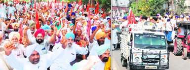 Members of farmer and labour organisations stage protests at Company Bagh; and (right) Deputy Commissioners office in Amritsar on Friday. 