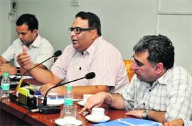 Principal secretary of the Freedom Fighters' Department, Punjab, Sarvesh Kaushal (centre), during a meeting held in Bathinda on Friday