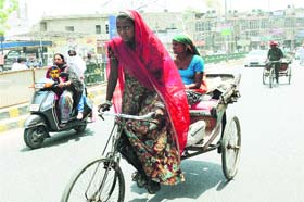 Womens World: A woman ferries a passenger on her rickshaw in Bathinda