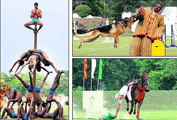  Cadets show their physical prowess at the Malkhamb display at the Indian Military Academy in Dehradun on Friday; A sniffer dog shows its tricks; and a Gentleman Cadet displays his skills on a horse