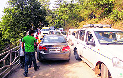 A traffic jam at Company Garden inconveniences tourists in Mussoorie