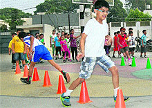 Students of APJ Public School enjoy a game during the summer camp in Jalandhar on Thursday