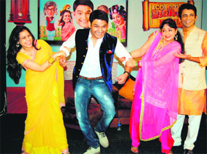 Comedians Sumona Chakravarti, Kapil Sharma, Upasna Singh and Sunil Grover promote their upcoming TV comedy show Comedy Night With Kapil in Amritsar on Saturday.