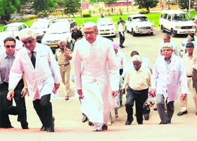 Prof YK Chawla, director, PGI, escorts Rasheed Masood and other Members of Parliament during their visit to the premier institute in Chandigarh on Saturday