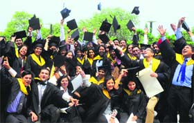 Students in a jubilant mood after receiving their degrees during the annual convocation of the Institute of Chartered Accountants of India at a hotel in Sector 35, Chandigarh, on Saturday