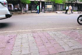 The marked area where blood was splattered on the floor in front of the old District Courts in Sector 17 on Saturday