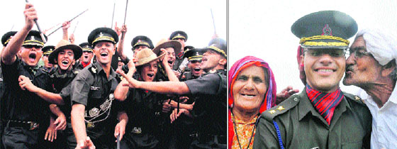 Gentlemen Cadets celebrate after the passing-out parade at the Indian Military Academy in Dehradun on Saturday; and (right) A newly commissioned officer with his parents at the parade.
