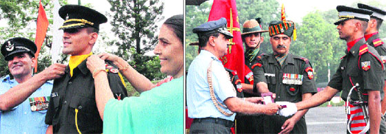 Parents of Siddhant Suhag, winner of the sword of honour, pipping the stars on his shoulders; and (right) Air Chief Marshal NAK Browne presents a gold medal to Vikas Kumar Suhag at the passing-out parade.