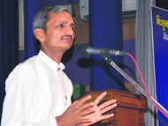 Mohan Lal Gupta speaks during a seminar on healthy lifestyle at the Guru Nanak Bhawan in Ludhiana.
