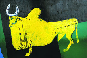 The closeup of a bull, as part of the enamelled door, painted by Corbusier
