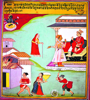 Too late to dig a well for water when your house is on fire. Folio from a Sharangadhara Paddhati series; Mewar, ca. 1700. Simon Ray Collection, London