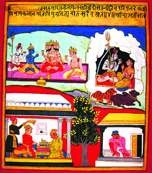 Grief, like poison, is ones own; joy, like nectar, is shared. Folio from a Sharangadhara Paddhati series; Mewar, ca. 1700. Metzger Collection, now in the Museum Rietberg, Zurich