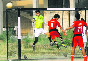 Players in action during a Chandigarh Football League match at Government College for Girls, Sector 42, Chandigarh, on Sunday. 