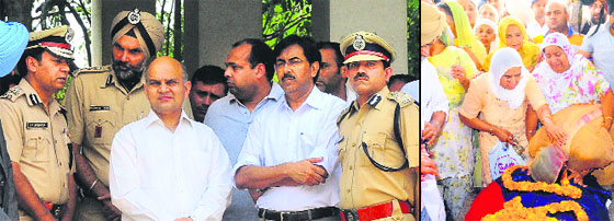 Inspector Sucha Singh's funeral convoy on its way to the cremation ground; and (right) his son, supported by Manish Chaudhary (centre), Senior Superintendent of Police (Traffic) and RS Ghuman (left), Senior Superintendent of Police (Operations), carries his body in Sector 25.