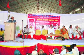 A leader addresses members of the Haryana Kisan Sabha on the concluding day of the three-day convention at Hisar on Sunday