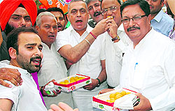BJP workers distribute laddoos to celebrate Narendra Modis elevation, in Jalandhar on Sunday