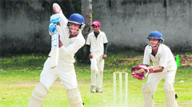 A batsman plays a shot during the Chaudhary Bansi Lal Memorial Cricket Tournament at Sector 19 in Chandigarh on Monday.