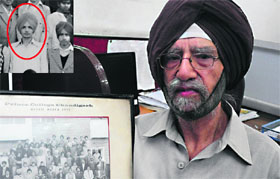 SS Prince, principal, Prince College, shows the picture of Inspector Sucha Singh who did his matriculation from the college in Chandigarh.