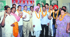 The newly elected Congress councillors being felicitated at a function held by the SC cell of the Congress in Dehradun on Sunday.