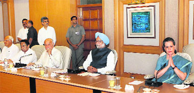 UPA chairperson Sonia Gandhi and Prime Minister Manmohan Singh and others at an all-party meeting to discuss Red terror in New Delhi on Monday. 