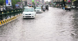 A waterlogged Mall Road after rains lashed Bathinda on Tuesday afternoon.
