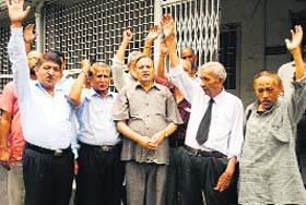 Members of the Uttarakhand Jan Kranti Dal raise slogans in support of their demands outside the office of the District Magistrate in Dehradun on Tuesday