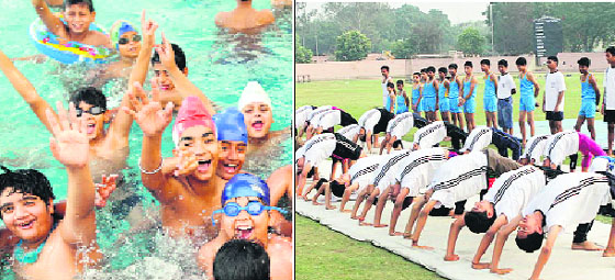 Students of CT Public School enjoy swimming during the summer camp in Jalandhar; and (right) students of BSF School participate in the closing ceremony of summer camp in Jalandhar on Tuesday. 