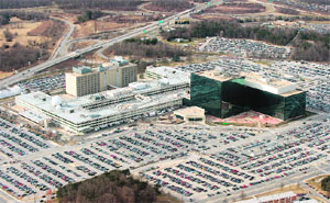 The National Security Agency headquarters at Fort Meade, Maryland, as seen from the air (below).