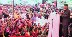 Chief Minister Virbhadra Singh addresses a public meeting at Nithar in Anni on Wednesday.