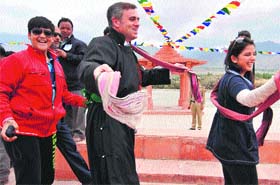 IN STEP WITH TRADITION: Omar Abdullah dances to Ladakhi music in Leh on Wednesday