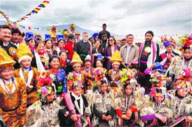 The Chief Minister with artistes during the inaugural ceremony of Sindhu Darshan festival in Leh on Wednesday